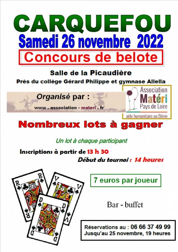 Concours de Belote samedi 26 novembre 2022 à CARQUEFOU