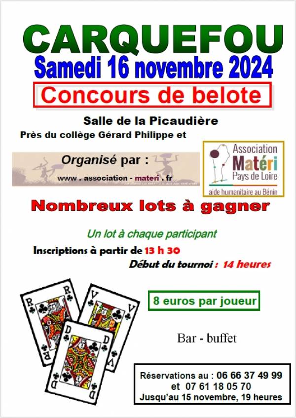 Concours de Belote samedi 16 novembre 2024 à CARQUEFOU